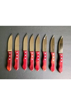 Set Of 8 Tramontina Jumbo Steak Knife Red Handle ~ Brazil Preowned